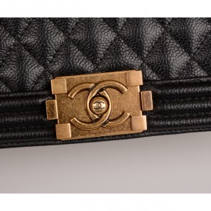 Boy Chanel Flap Shoulder Bag Original Caviar leather A67086 Black in Gold
