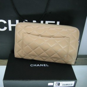 Chanel Leather Black CC Logo Long Zipper Wallet 26710 Apricot