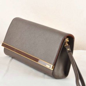 Fendi Pequin Rush Saffiano Pouchette Clutch F2558 Brown