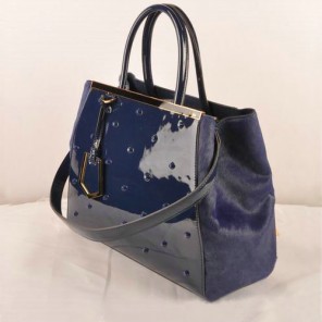 Fendi 2Jours Patent Leather Horsehair Tote Bag F2552M Blue