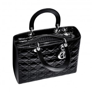 Large Lady Dior bag in black patent leather