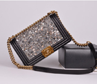 2014 Chanel Boy Grey Diamond Flap Shoulder Bag Black Original Leather A67086 Bronze