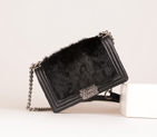 2015 Boy Chanel Embellished Cony Hair Flap Shoulder Bag A67086 Black