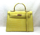 2015 Hermes Kelly 32cm Crocodile stripes Leather Bag Yellow with Gold hardware