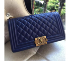 2016 LE Boy Chanel Flap Shoulder Bag Original Sheekskin Leather A67086 Blue with Gold